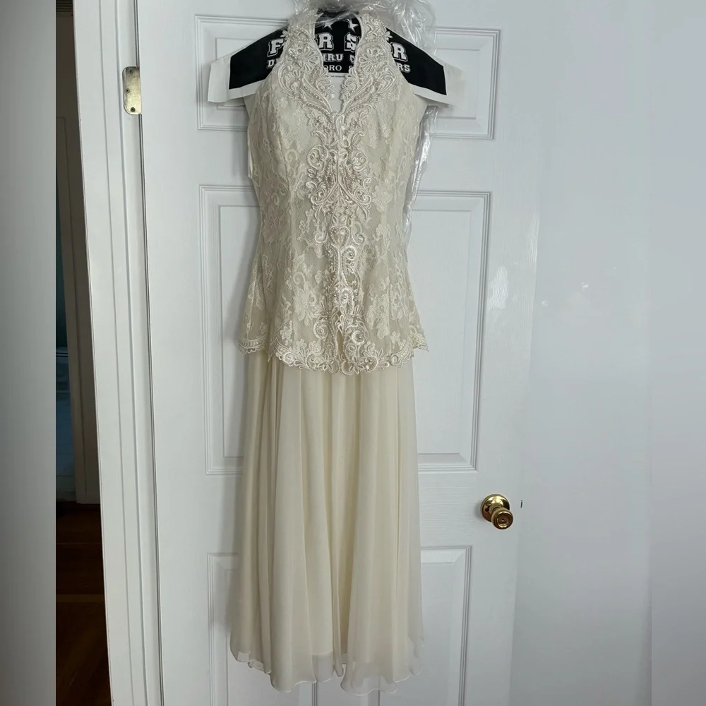 Jessica McClintock Ivory Peplum Midi Dress Halter Lace Sleeveless - Picture 1 of 7
